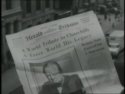 A newspaper headline announces the death of former British prime minister Winston Churchill. News Clip