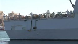 An Italian navy ship carrying an estimated 600 migrants from North Africa has docked on the Italian island of Sicily.They were picked up as they attempted to travel across the Mediterranean from North Africa. News Clip
