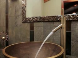 MS PAN Shot of flowing water in modern home bathroom sink / Lake Oswego, Oregon, United States Stock Footage