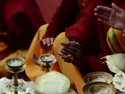 MS TU Pilgrims praying at ganges river / Rishikesh, Uttarakhand, India Stock Footage