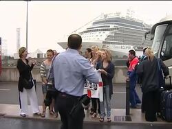 WRAP Navy ship docks in UK, Britons await cruise ship ADDS Day shots of ship News Clip