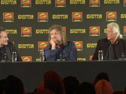 INTERVIEW: Jimmy Page, John Paul Jones on the first time they played together in rehearsals. Robert Plant, Jimmy Page on the first thing they played in the rehearsal for the O2 gig at Led Zeppelin Celebration Day Press Conference on September 21, 2012 in L Stock Footage