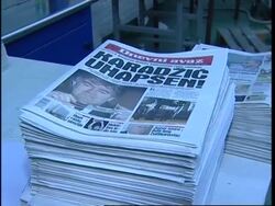 Newspaper printed with Karadzic headline, analyst comments News Clip