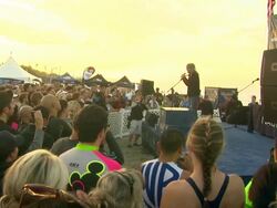 Bret Michaels singing the National Anthem at Nautica Malibu Triathlon Presented by Equinox on 9/8/13 in Malibu, CA. Stock Footage