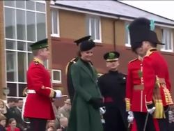 Duke & Duchess of Cambridge visit the 1st Battalion Irish Guards at the St Patrick's Day Parade at Mons Barracks, Aldershot News Clip