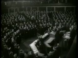B/W 1960's high angle Lyndon Johnson addresses clapping Congress / SOUND Stock Footage