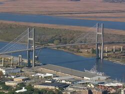 WS AERIAL Traffic moving on Talmadge Memorial Bridge / Georgia, United States Stock Footage