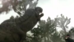 A Tyrannosaurus Rex and a Triceratops fight in a forest  in a computer generated animation. Stock Footage