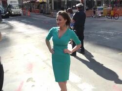 America Olivo (Baby Quest spokeswoman) poses for the press outside NASDAQ, where she rang the opening bell in New York, NY, on 8/14/13. (Getty Images Entertainment Video) Stock Footage
