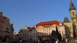 The Church of Our Lady Before Tyn towers over Old Town Square in Prague. Stock Footage