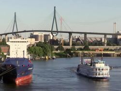 WS View of Kohlbrand Bridge with container ship for container terminal in harbour / Hamburg, Germany Stock Footage