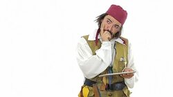 Internet pirate thinking and looking at the tablet. Stock Footage