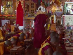 WS PAN Monks eating at Kopan Monastery / Kathmandu, Central, Nepal Stock Footage