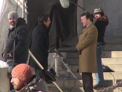 Ben Stiller, Skyler Gisondo & Ricky Gervais on location for the movie 'Night at the Museum 3' on the steps of the American Museum of Natural History Stock Footage