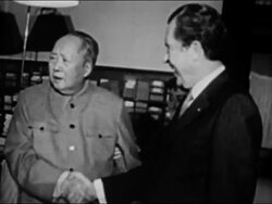 1972 black and white medium shot Chairman Mao and President Nixon shaking hands Stock Footage