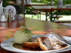 MS View of Roast pork with dumpling / Mainburg, Bavaria, Germany Stock Footage