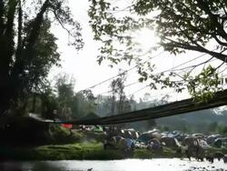 People walk on a rope bridge national park Stock Footage