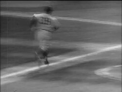 B/W 1955 Brooklyn Dodger Roy Campanella crossing home plate / World Series / NYC Stock Footage