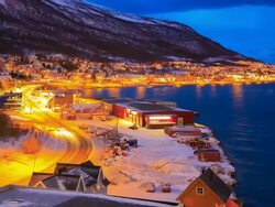 Tromso Cutyscape in winter at dusk, Troms, Norway Stock Footage