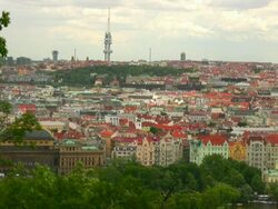 Prague Rooftops and Zizkov TV Tower Stock Footage