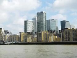 POV London Canary Wharf Viewed From River Thames Stock Footage