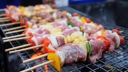 BBQ barbecue,on the road in Thailand Stock Footage
