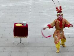 MS Chinese folk artist dresses as Monkey King to performing in Tang Paradise during chinese spring festival  AUDIO  / xi'an, shaanxi, china Stock Footage