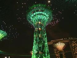 WS Supertrees and Marina Bay Sands hotel in Gardens by the Bay Stock Footage