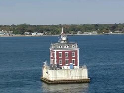 MS AERIAL DS Shot of North Dumpling island and Lighthouse / New York, United States Stock Footage