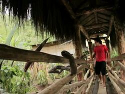 MS Travelers walking on wooden bridge and sitting / Boquia, Quindio, Colombia Stock Footage