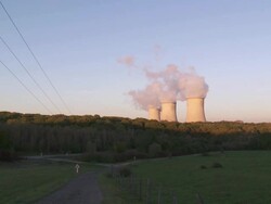 WS Cooling towers of power station against blue sky / Cattenom, Lorraine Mosel, FRANCE Stock Footage