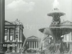 MOT 1939: PARIS, FRANCE: TU WS La Tour Eiffel (Eiffel Tower) bordered w/ tree branches. Fountain in Place de la Concorde (Concord Square) w/ LÃ‚Â’eglise de la Madeleine (Madeleine Church) BG. HA Angled XWS Tree lined street & public urban park intersection Instructional Video