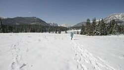 Young girl skips across snowy meadow with skates Stock Footage