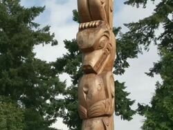 MS TU Totem pole and carvings of different animal faces in stanley park / Vancouver, British Columbia, Canada Stock Footage