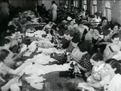 B/W 1934 high angle rows of women using sewing machines in WPA garment factory / documentary Stock Footage