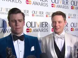 INTERVIEW -  Gavin Creel and Stephen Ashfield on their excitement at winning an award and why they love working on the Book of Mormon at The Laurence Olivier Awards with MasterCard on April 13, 2014 in London, England. Stock Footage