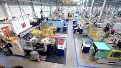 Aerial view of modern factory Stock Footage