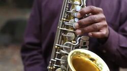 A street musician plays a saxophone in a park. Stock Footage