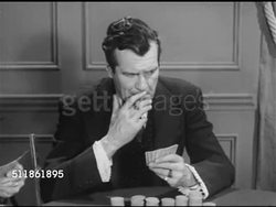 1952: 19th CENTURY GAMBLERS: 'Jack O'Diamonds' at bar PAN to table, professional gambler 'Johnny' nods. WS Men at poker table, some in top hats, one in western fringe. 'Jack' saying 'middle-aged man' could be from Pike County, stingy poker, 'piker' Instructional Video