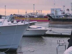 MS Ship passing through yachts and another ship along Yarra River in early morning light / Melbourne, Victoria, Australia Stock Footage