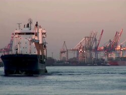 WS View of shipyard and ship floating in river / Hamburg, Hamburg, Germany Stock Footage