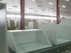 TS man checking quality of semi-finished pieces of furniture on assembly line in furniture factory Stock Footage