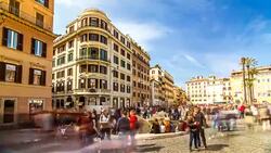 Timelapse of Fountain of the Ugly Boat (Fontana della Barcaccia) near Spanish steps with people crowd. Rome, Italy. April, 2016. Stock Footage