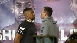 Anthony Joshua and Wladimir Klitschko appear at a news conference before their world heavyweight title match News Clip