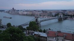 Hungarian Parliament, Chain Bridge Szechenyi Lamchid, & River Danube from Castle Hill District, Budapest, Hungary, Europe Stock Footage