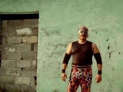Medium shot luchador 'Silver Star' looking at camera and flexing muscles/ Monterrey, Mexico Stock Footage