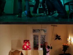 WS Split screen showing senior woman hitting ceiling while neighbors dance on floor / Berlin, Germany Stock Footage