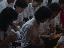 MS Monks sitting on ground listening attentively to someone speaking AUDIO / Dharamsala, Himachal Pradesh, India Stock Footage