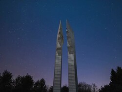 WS T/L View of Beautiful Night skyscape of Baengma goji ( Battle of White Horse Hill ) Monument at Cheorwon / Cheorwon, Gangwondo, South Korea Stock Footage