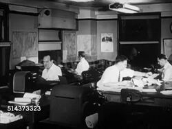 1950: REPRISAL: HA MS 'UP News Room' sign, TD CU Male hands typing on typewriter, Men working in newsroom, teletype operator SOT saying 'Here's a hot one.', CU Machine typing news of attack, reporter calling Lincoln White at US State Department. Instructional Video